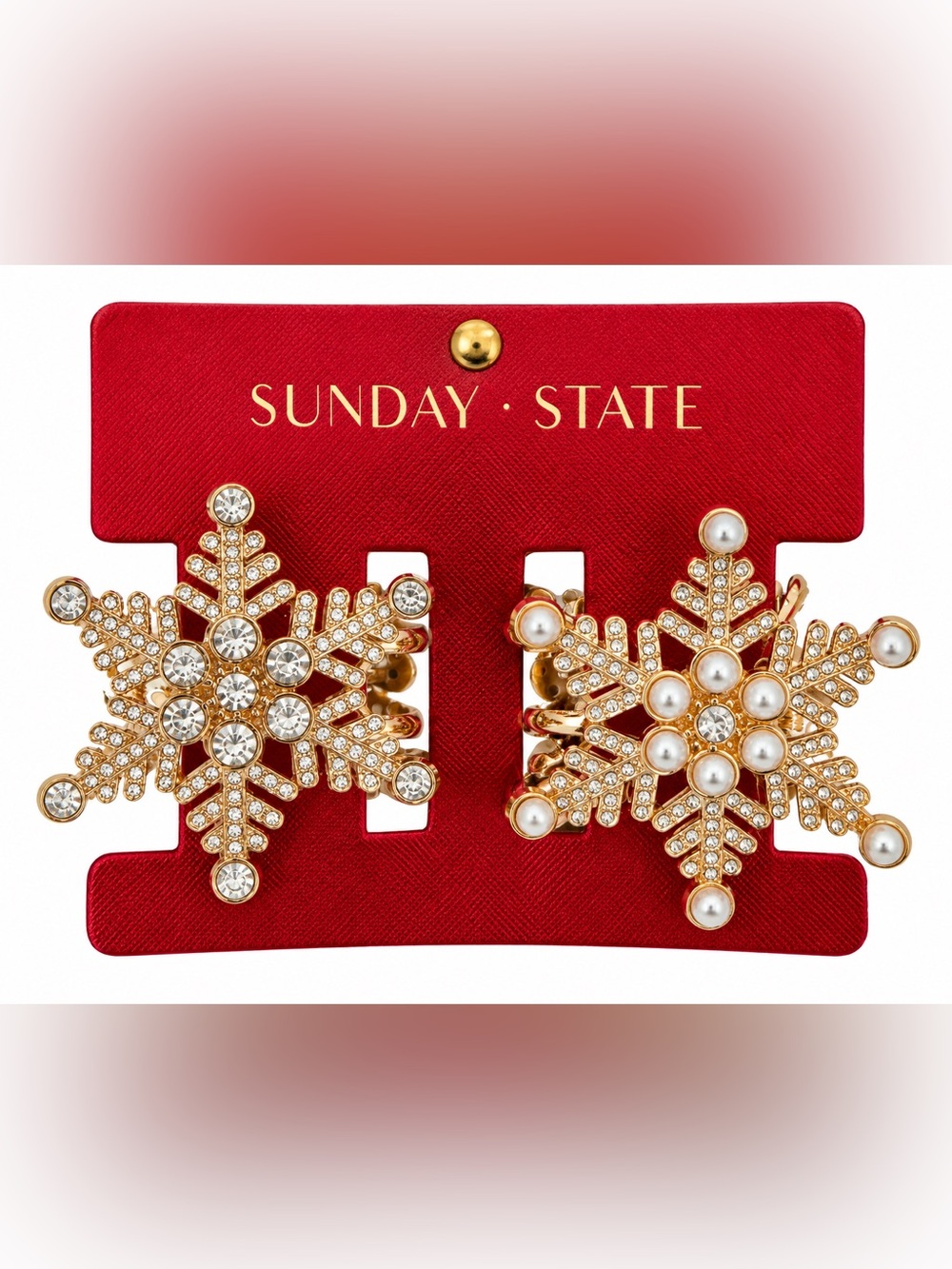 Sunday State Gold Snowflake Rhinestone & Pearl Hair Clips Set of 2